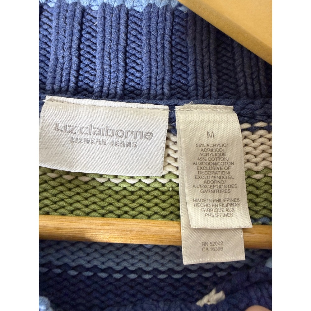 Liz Claiborne blue green stripe v neck cotton blend pullover sweater medium - Picture 3 of 4